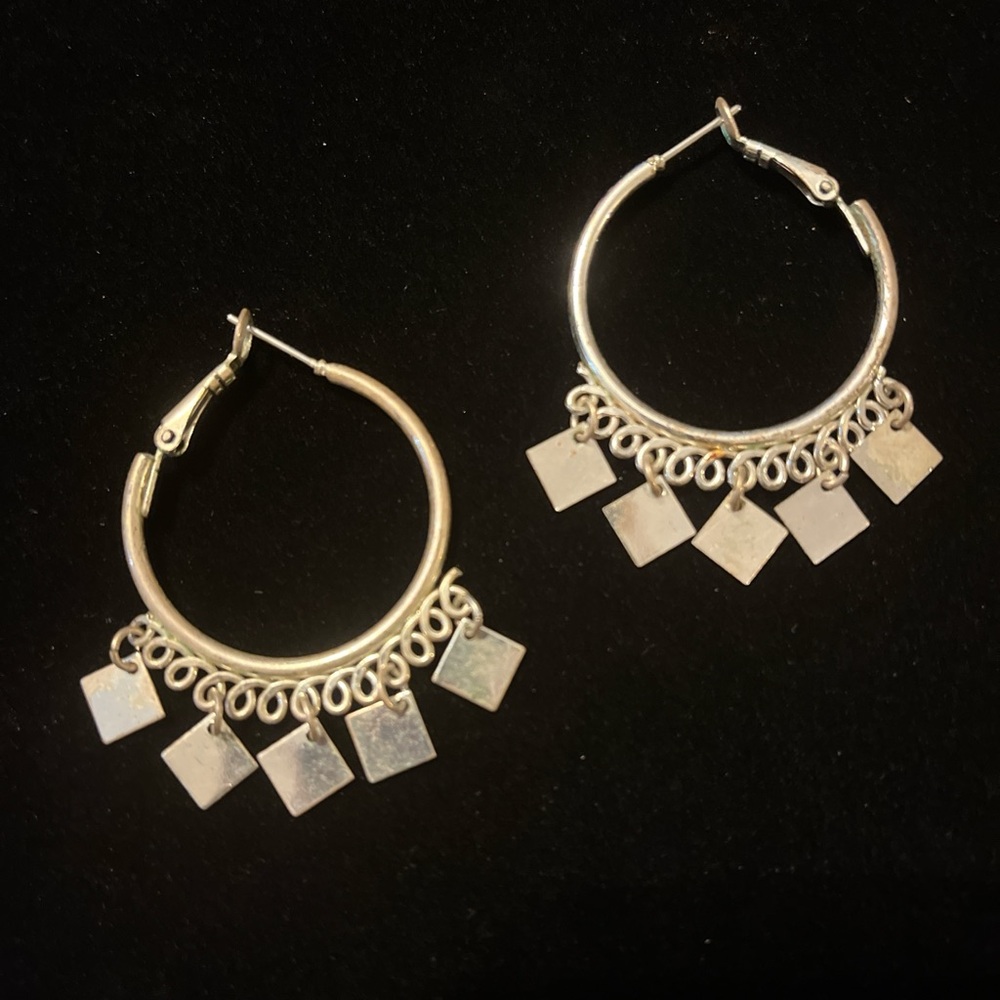 Silver Tone Square Hoops With Dangling Square Cha… - image 5
